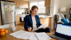 Woman reading inheritance legal documents at kitchen table