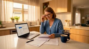 Woman reviewing legal papers at dining table