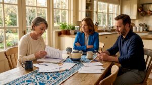 Family members reviewing estate documents at dining table