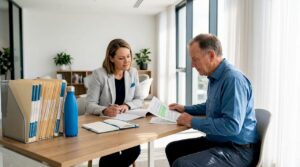 Solicitor and client reviewing will documents together
