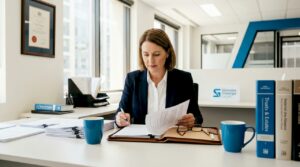 Solicitor reviewing estate papers in office