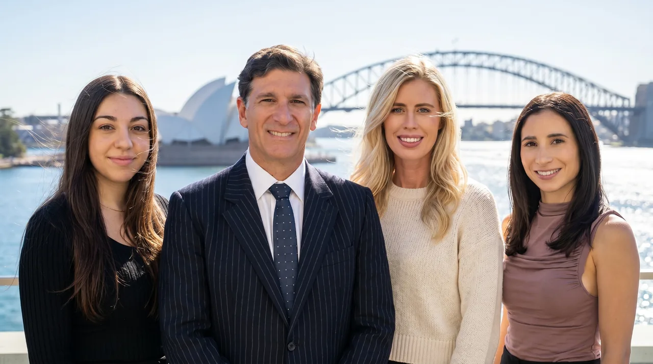 The Simons George Legal team — Principal George Paltos with Office Manager Daniella and paralegals Elana and Natalie — on a Sydney Harbour terrace.