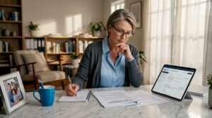Woman reviewing family legal documents in home office