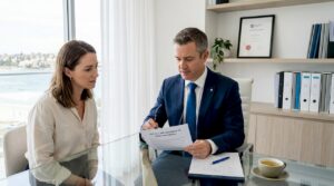 Solicitor reviewing will with client in NSW office