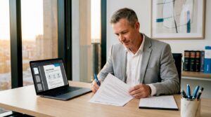 Solicitor reviewing will documents in Sydney office