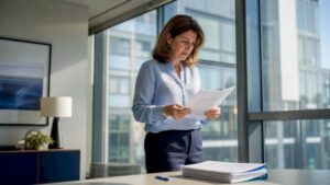 Woman reviewing will contest documents in office