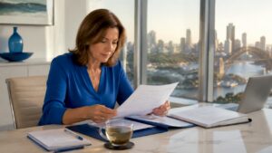 Legal consultant reviewing will documents at desk