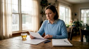 Woman reviewing legal documents at home