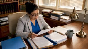 Woman reviewing caveat legal documents at desk