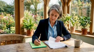 Woman reviewing grant of probate documents in home office