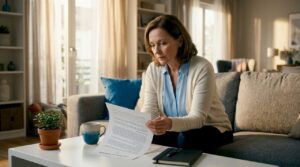 Woman reviewing legal will document at desk