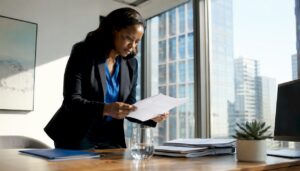 Lawyer reviewing executor misconduct documents in office