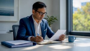 Executor reviewing estate documents at home office
