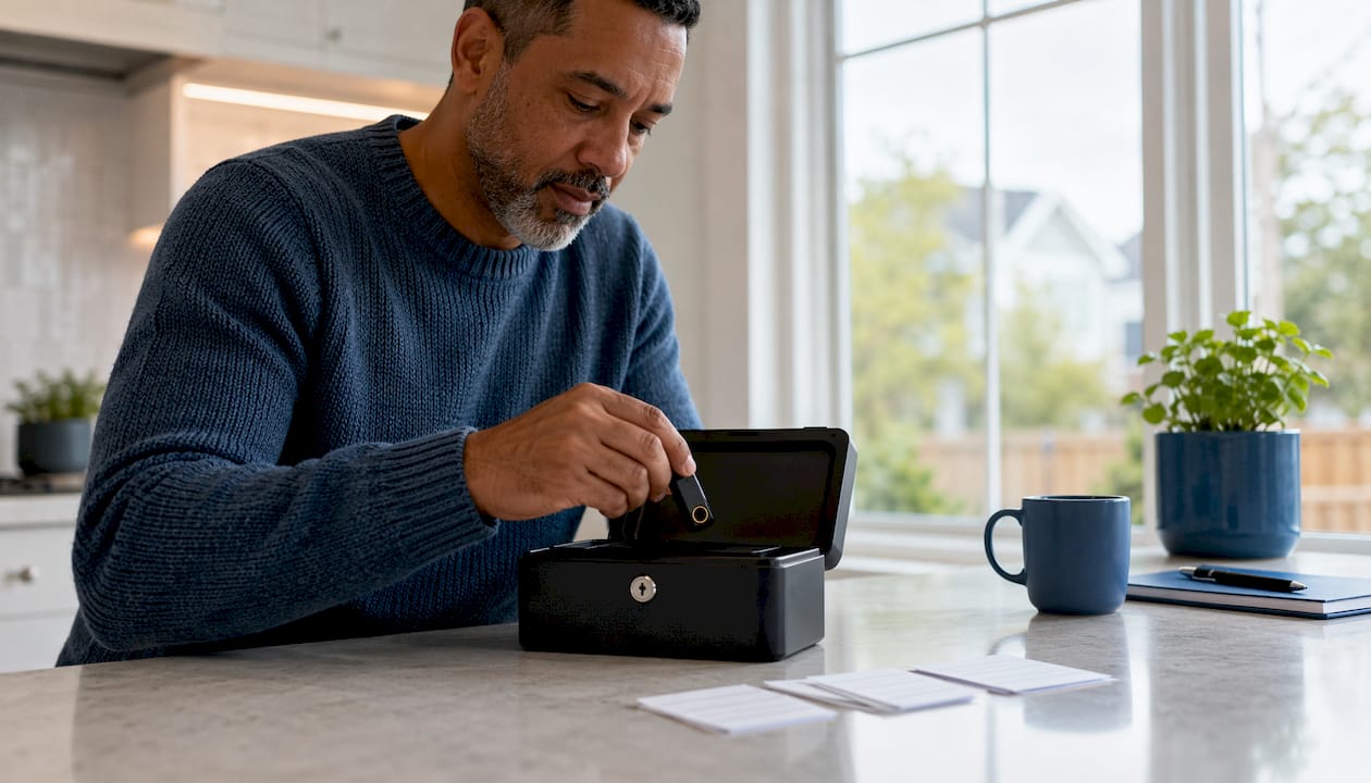 Hands securing hardware crypto wallet and recovery phrase