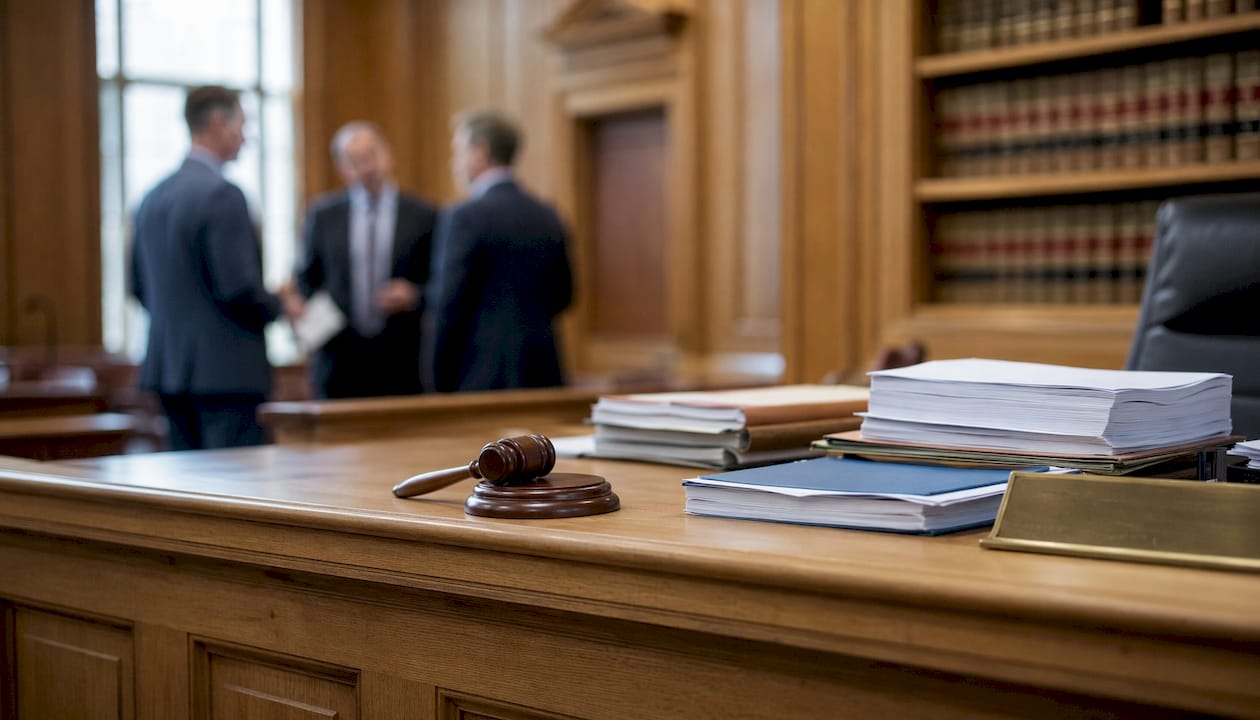 Judge's bench with gavel and legal books in courtroom