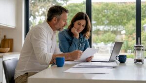 A couple reviewing farm succession documents at kitchen table