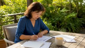 Woman completing DIY Will kit form