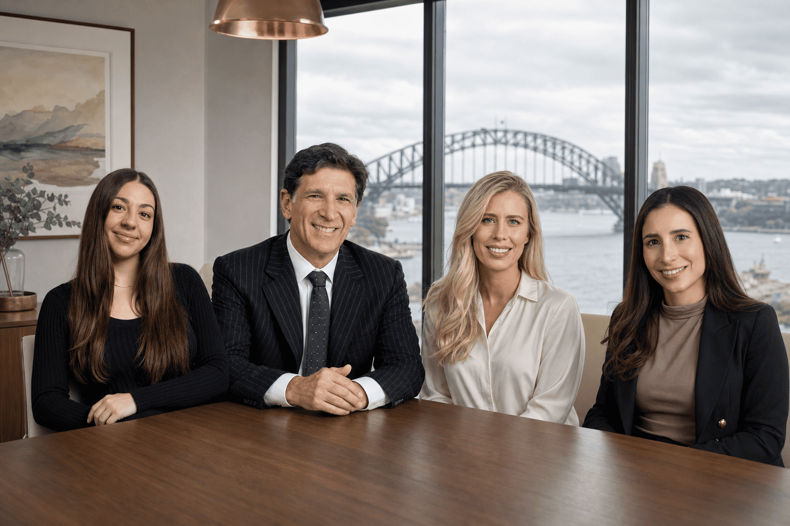 The Simons George Legal team in their Sydney boardroom, overlooking Sydney Harbour.