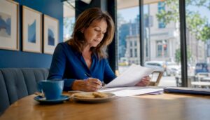 Woman reviewing estate litigation documents at home