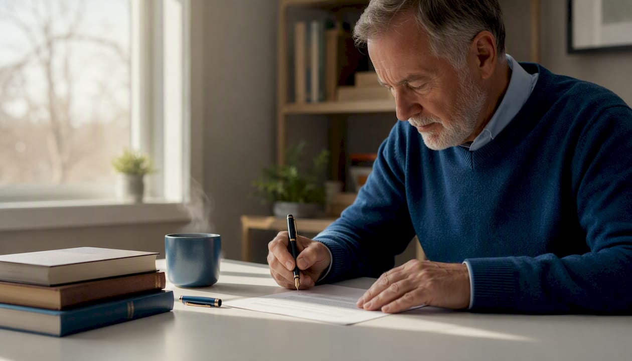 Man signing a will document at desk