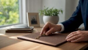 Hands placing estate keys on a legal folder