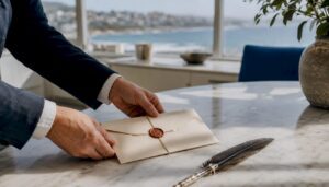 Executor placing a will envelope on table