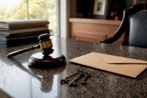 Legal gavel, house keys, and sealed envelope on desk