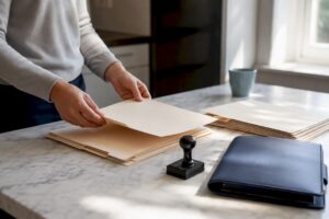 Trustee hands handling legal folders on desk