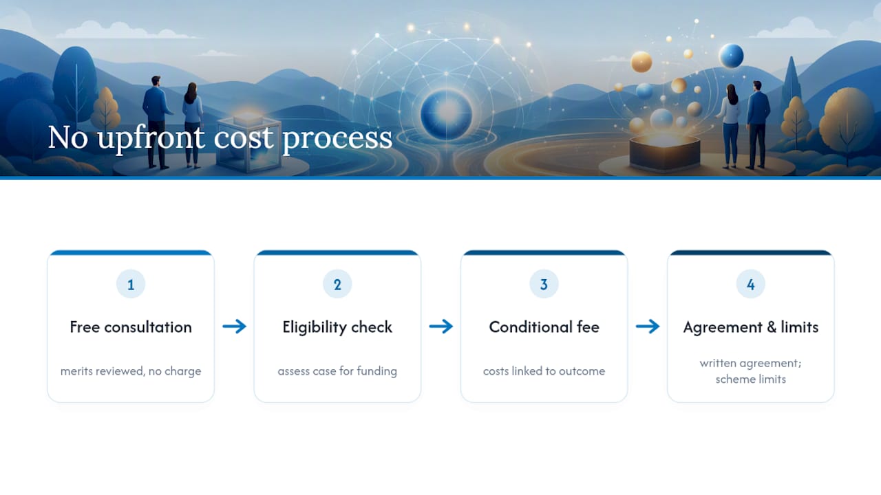 Funding your legal matter, no upfront cost barrier — overview diagram