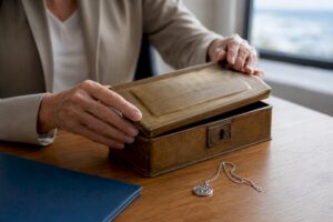 Hands unlocking a trust box in legal office