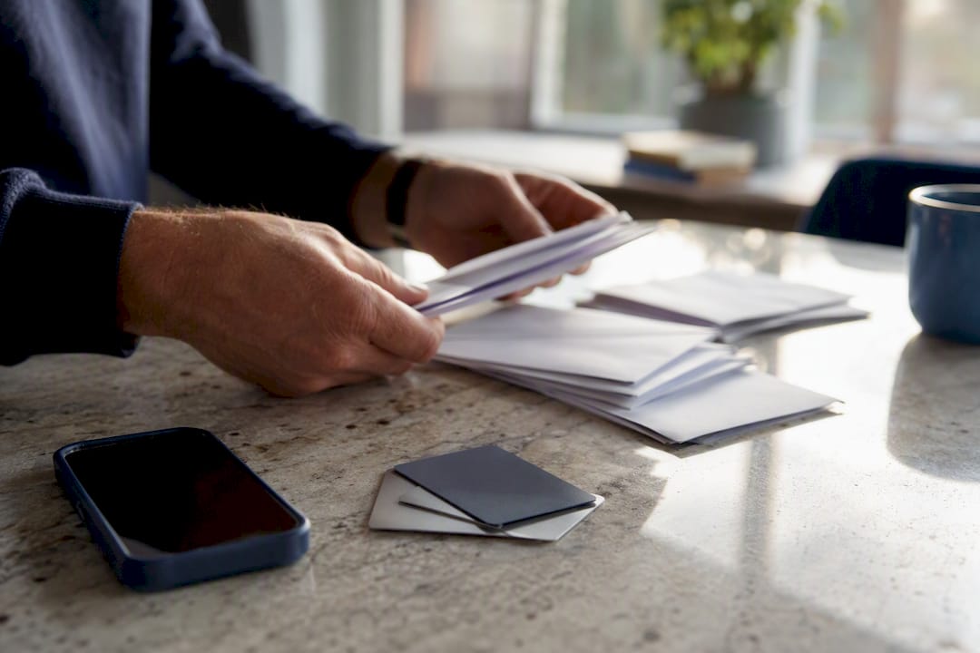 Hands sorting envelopes and bank cards on desk