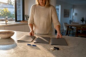 Estate planning folders arranged on kitchen island