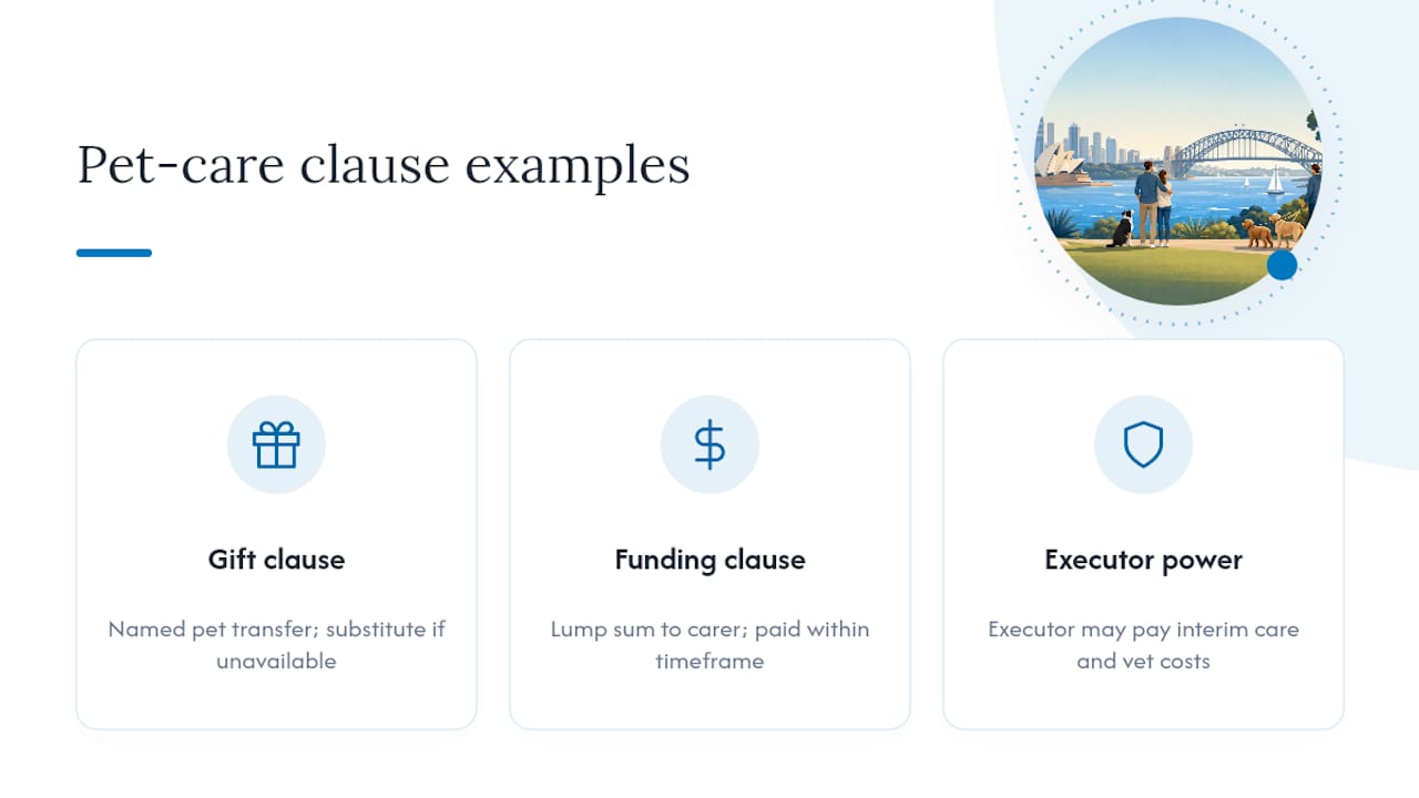 Examples of clauses to include for pet care provisions — overview diagram